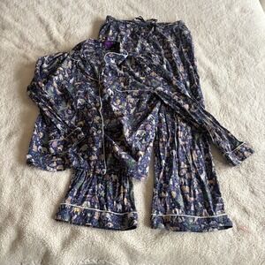 Liberty London Pajama Set Women Large Navy Blue Animal Print Cotton 2pc Holiday